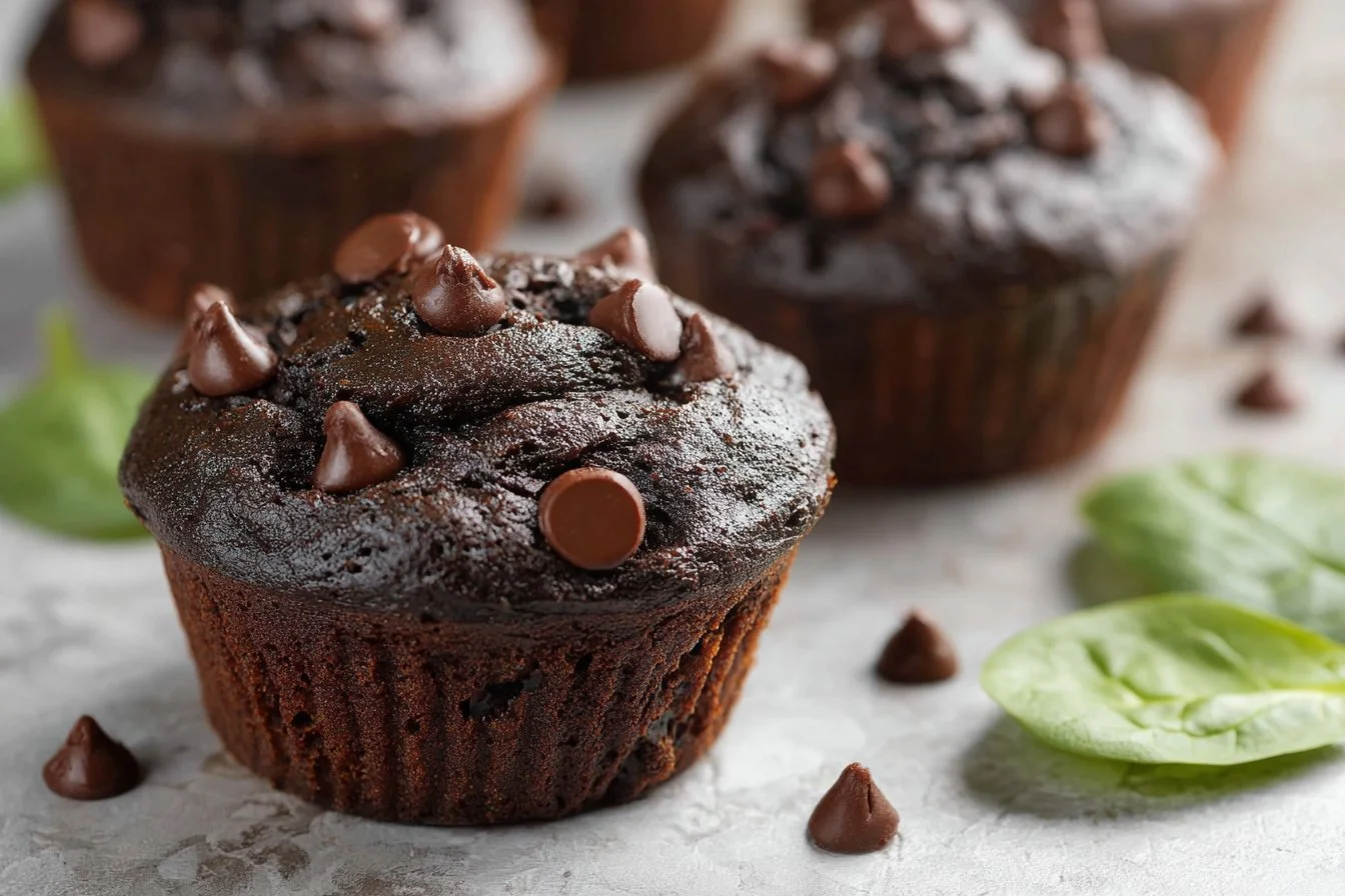 Delicious chocolate spinach muffins freshly baked and ready to enjoy.