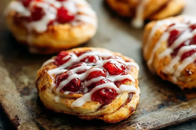 Freshly baked Cinnamon Roll Cherry Danishes topped with cherries and icing.