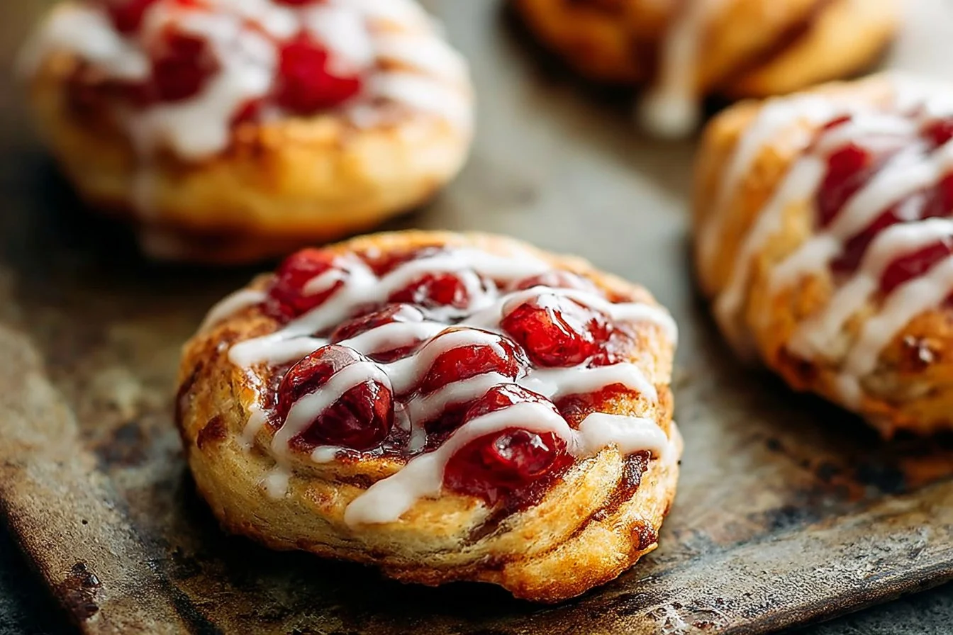 Freshly baked Cinnamon Roll Cherry Danishes topped with cherries and icing.