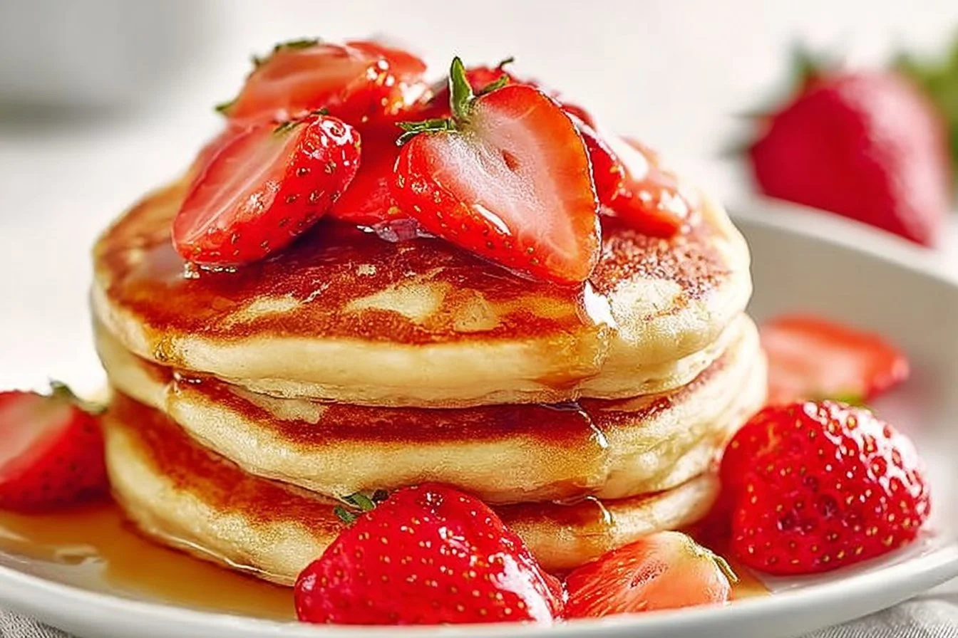 Delicious classic strawberry pancakes stacked with fresh strawberries
