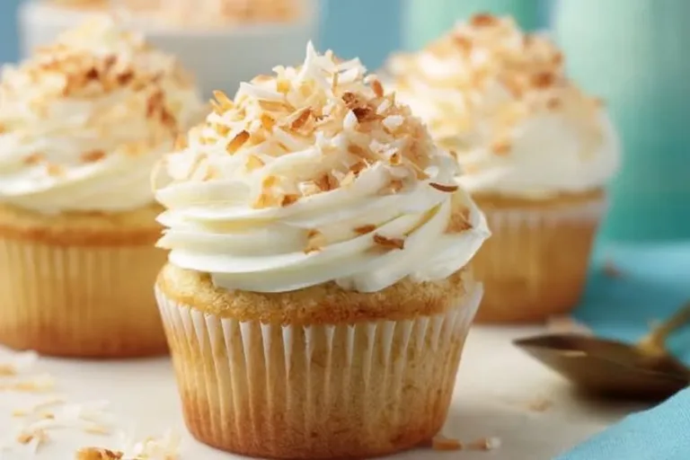 Coconut Cream Pie Cupcakes topped with creamy coconut frosting and toasted coconut flakes.