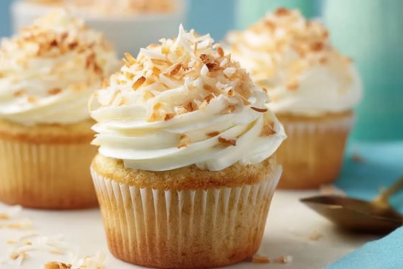Coconut Cream Pie Cupcakes topped with creamy coconut frosting and toasted coconut flakes.