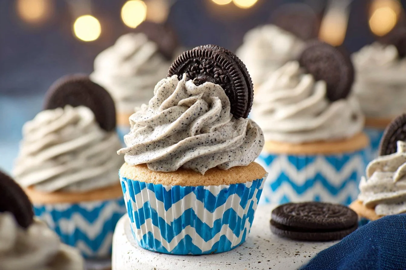 Delicious Cookies and Cream Oreo Cupcakes topped with Oreo cookie crumbs