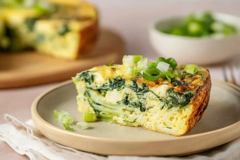 Baked cottage cheese egg dish topped with herbs and vegetables