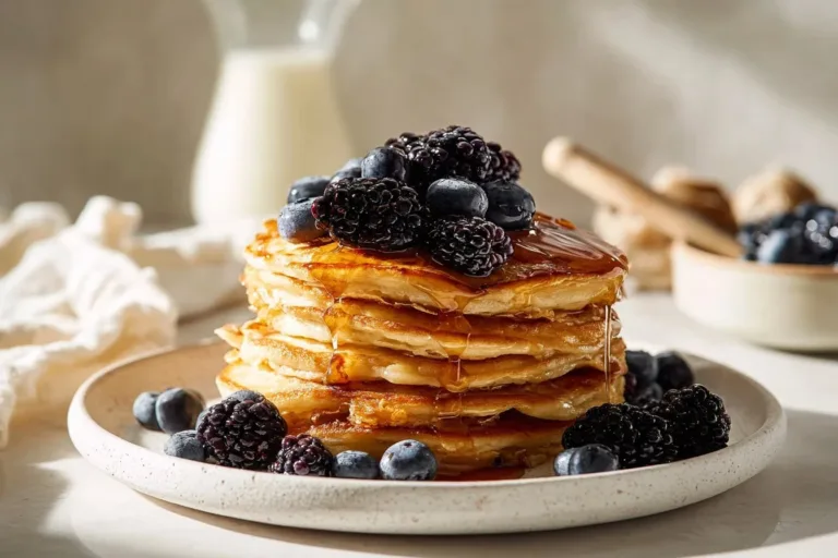 Fluffy cottage cheese pancakes served with syrup and berries