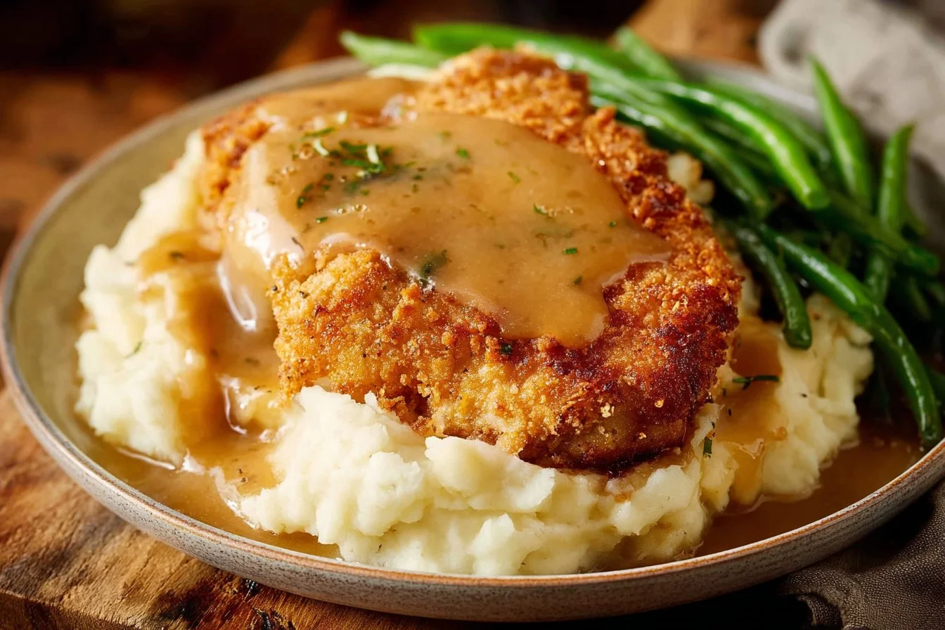 Plate of crispy country fried chicken with sides, showcasing the perfect golden crust.