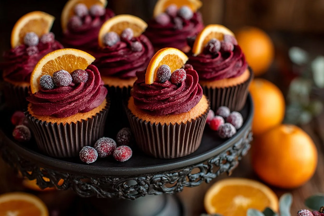 A tray of freshly baked Cranberry Orange Cupcakes topped with orange zest.