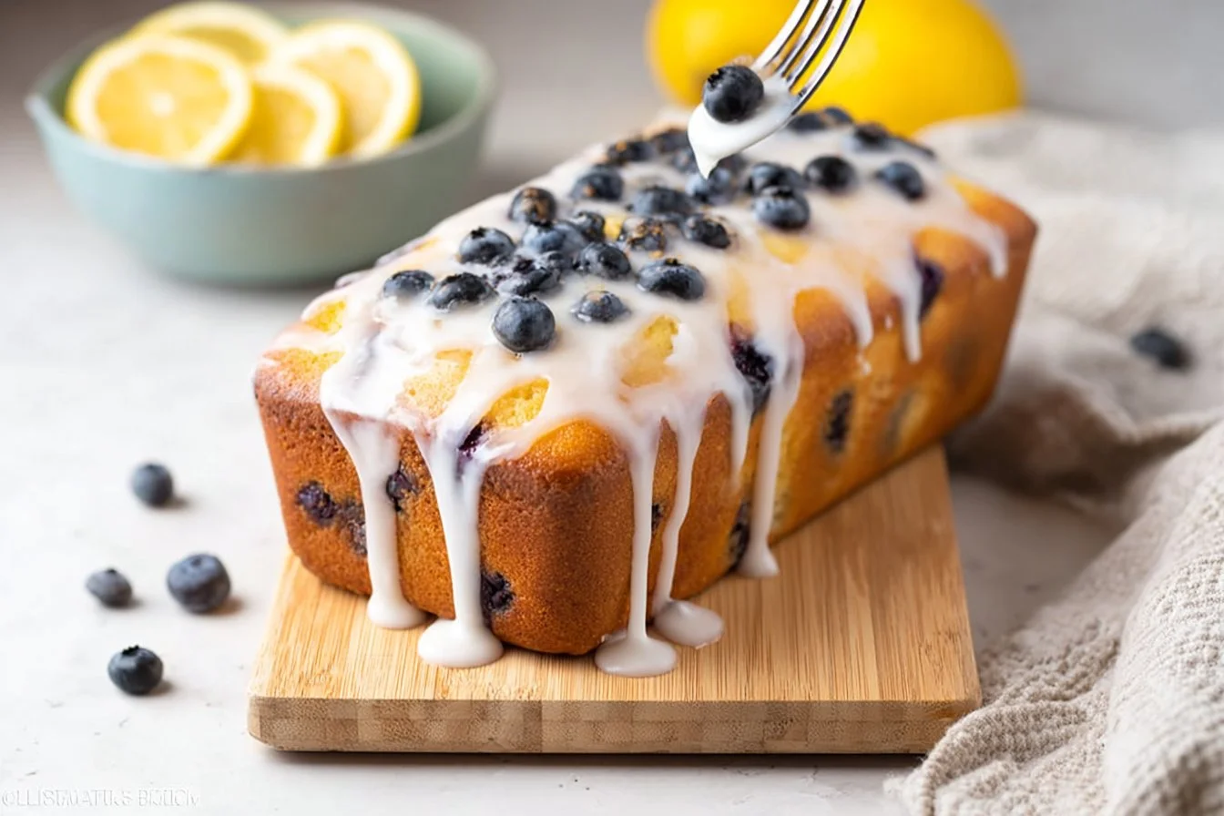 Sliced cream cheese filled blueberry lemon bread on a wooden board