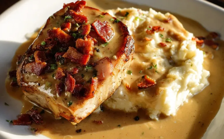 Creamy bacon pork chops served with herbs and sides on a plate