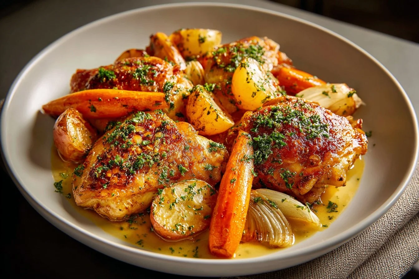 Creamy baked Dijon chicken thighs served on a plate with herbs and sides