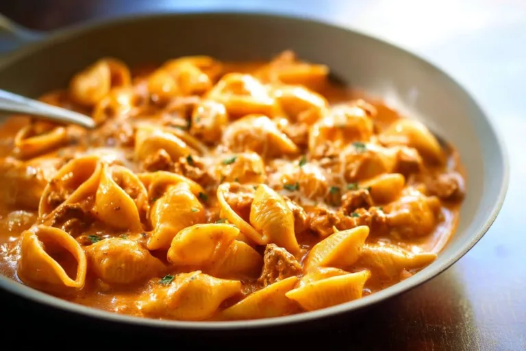 Creamy beef and shells dish served in a bowl with herbs.
