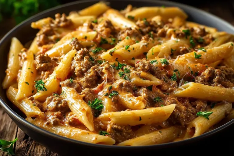 Creamy beef pasta garnished with herbs