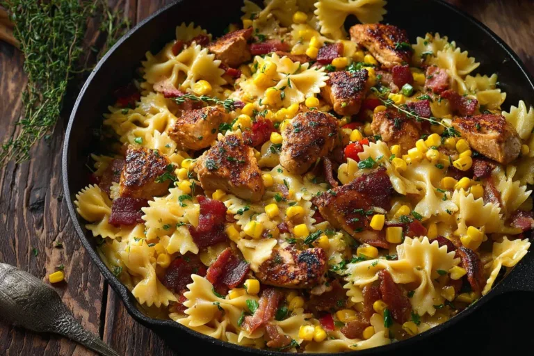 Creamy chicken and corn pasta topped with crispy bacon