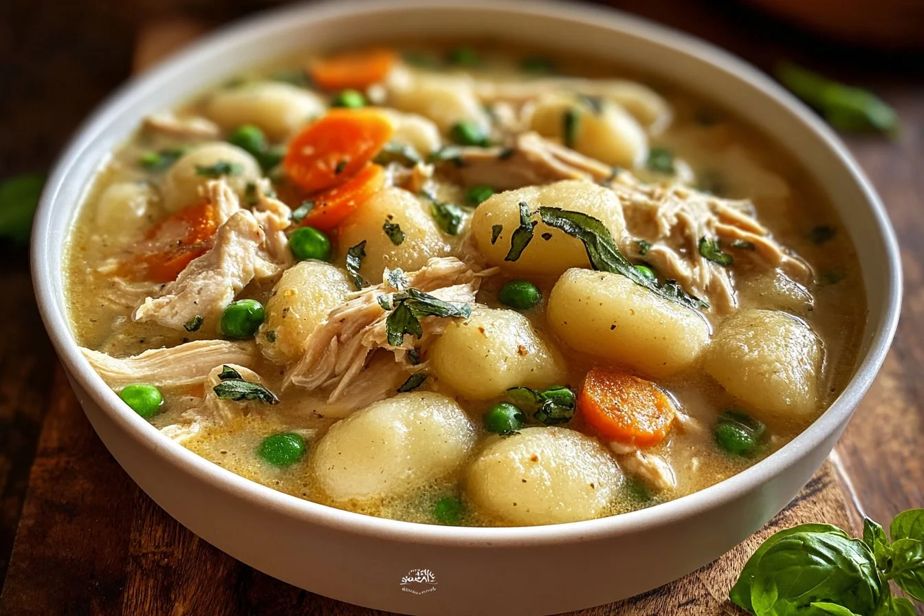 Bowl of creamy chicken gnocchi soup garnished with herbs and served hot.