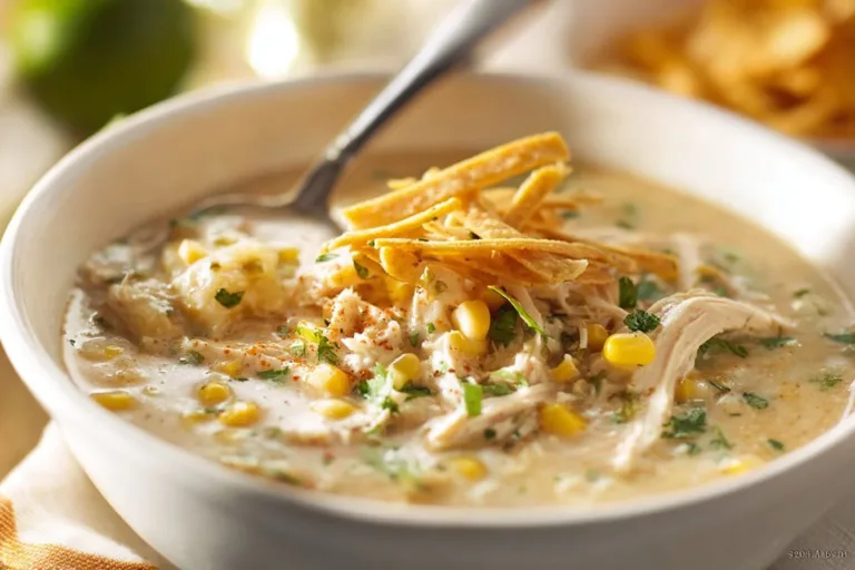 Creamy crockpot white chicken chili served in a bowl with toppings.