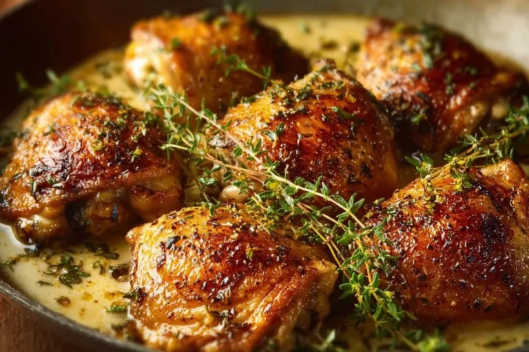 Creamy garlic chicken thighs served with herbs and spices, restaurant-style dish.