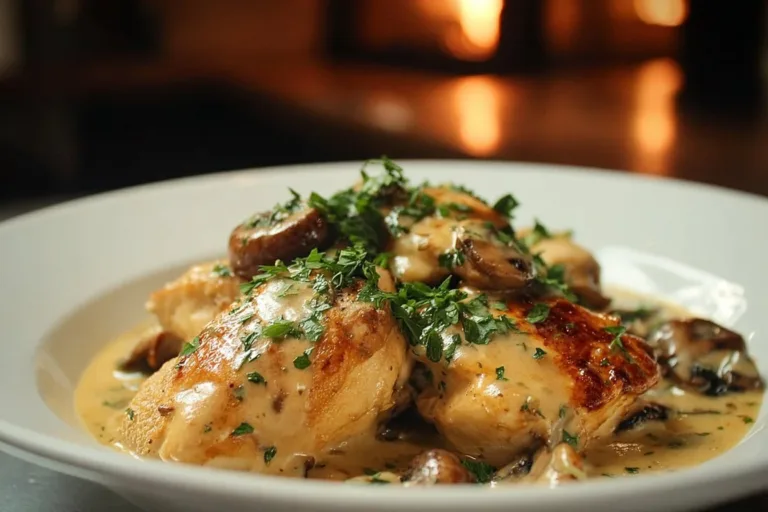 Creamy garlic mushroom chicken thighs served with herbs on a plate.