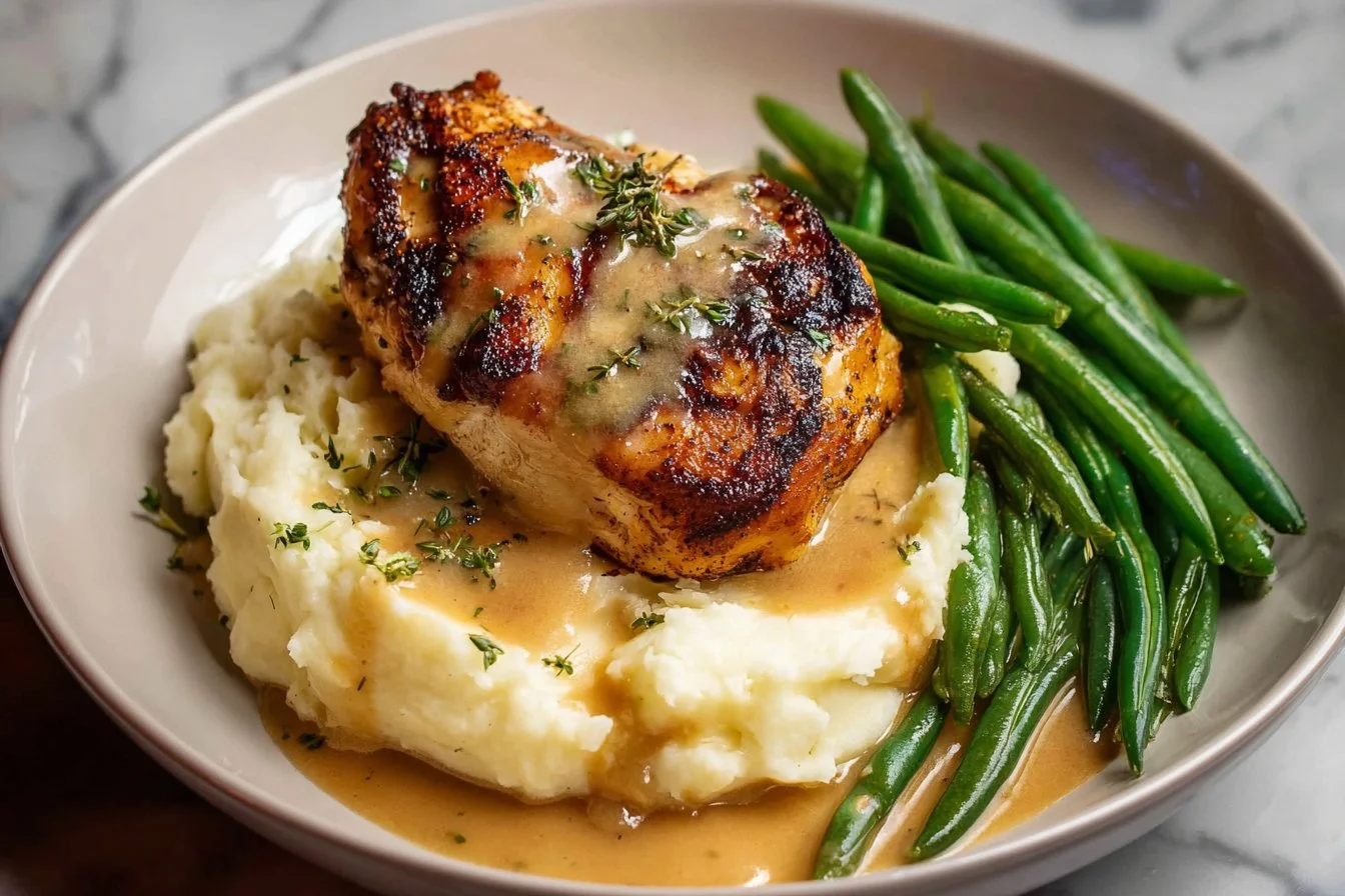 Creamy Garlic Parmesan Chicken Breast on a plate garnished with herbs
