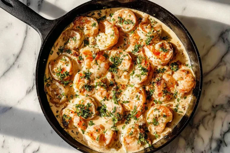 Plate of creamy garlic shrimp garnished with parsley and served with pasta