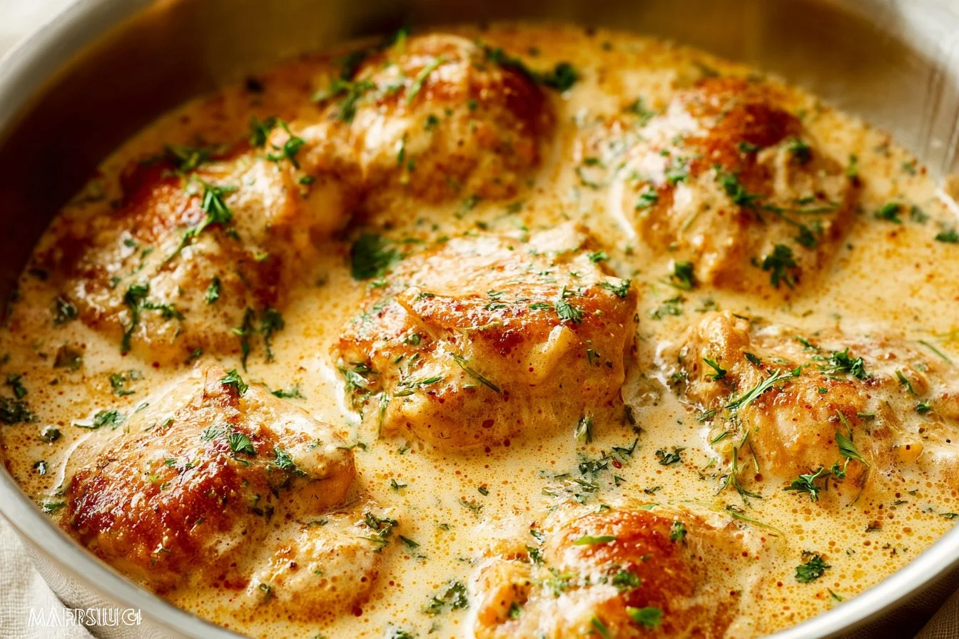 Succulent creamy oven baked chicken thighs served on a plate