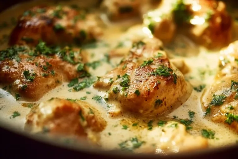 Creamy oven baked chicken thighs garnished with herbs and spices
