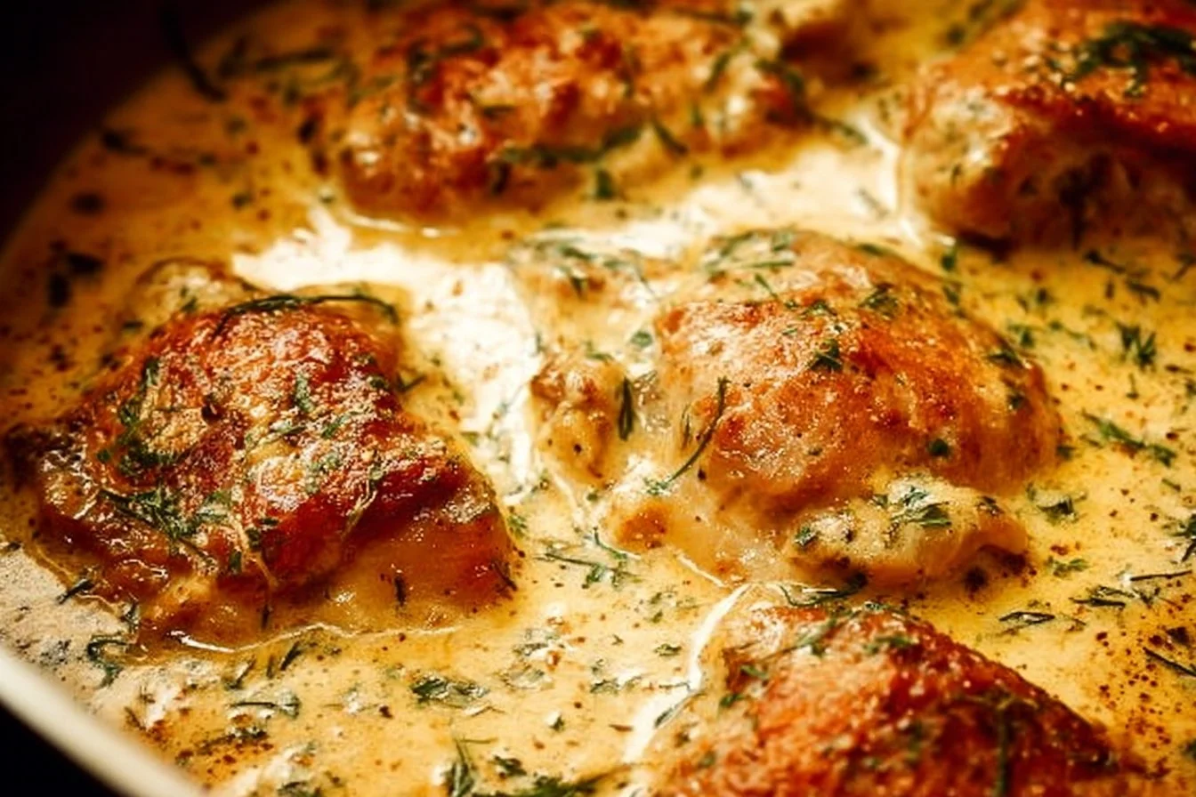 Creamy oven baked chicken thighs served on a plate with herbs and sides