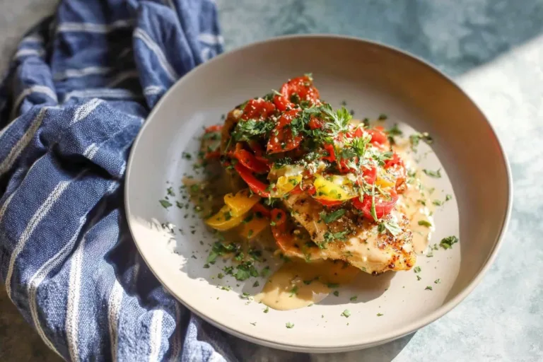 Creamy pepperoncini chicken skillet served in a rustic pan with chopped herbs.