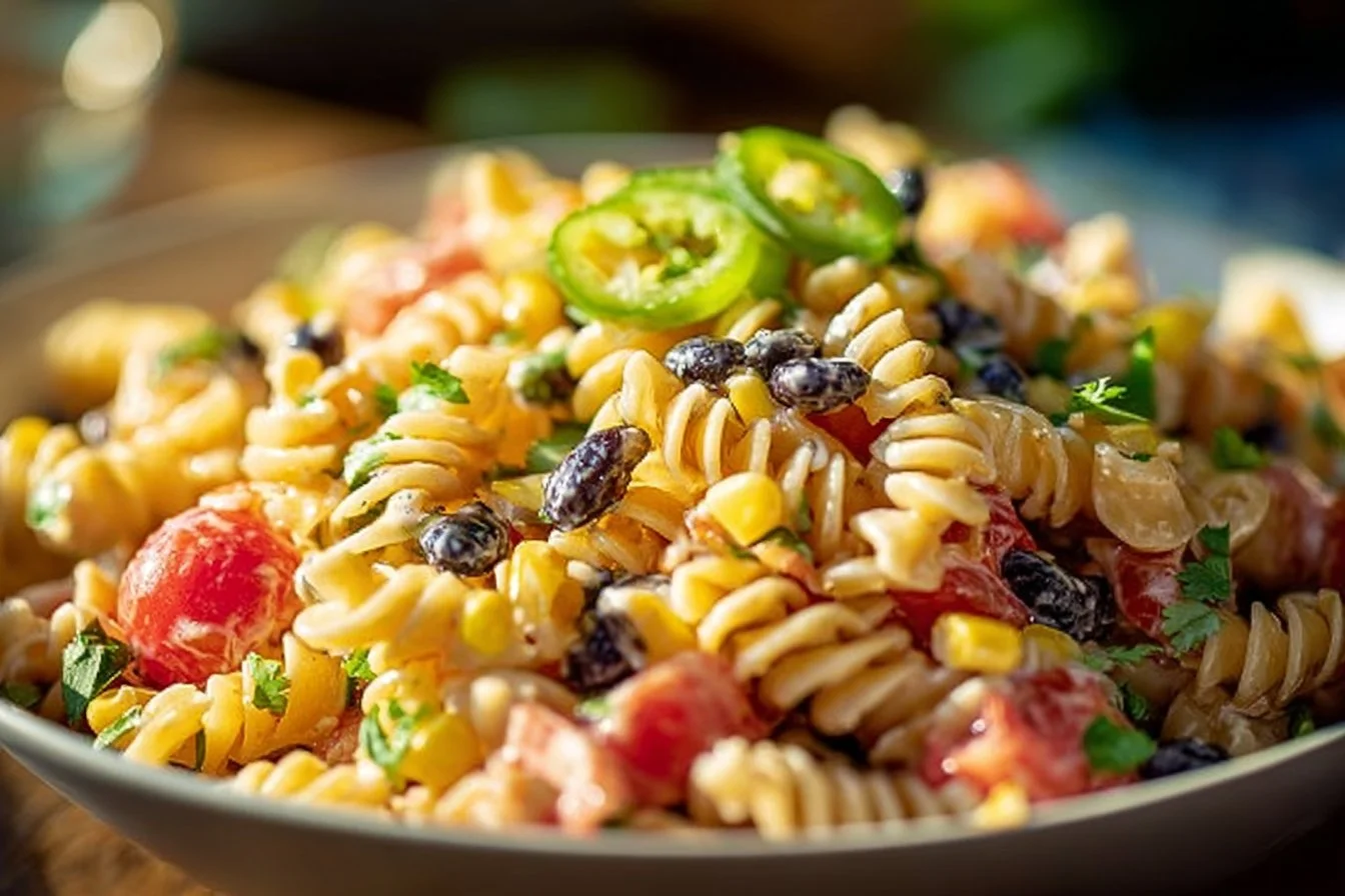 Creamy ranch taco pasta salad with colorful ingredients served in a bowl