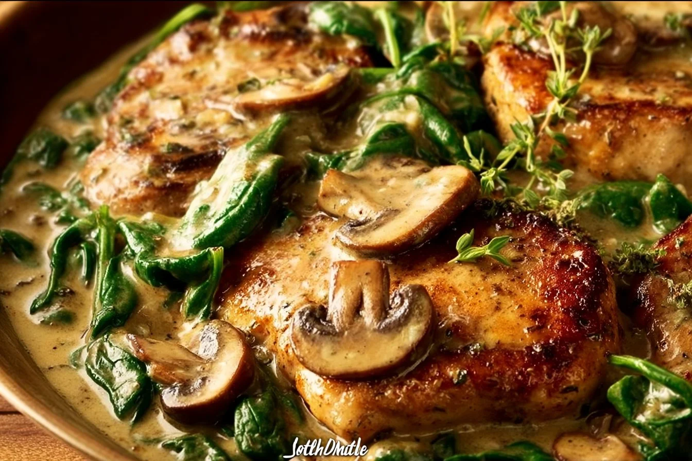 Creamy spinach mushroom pork chops served on a plate
