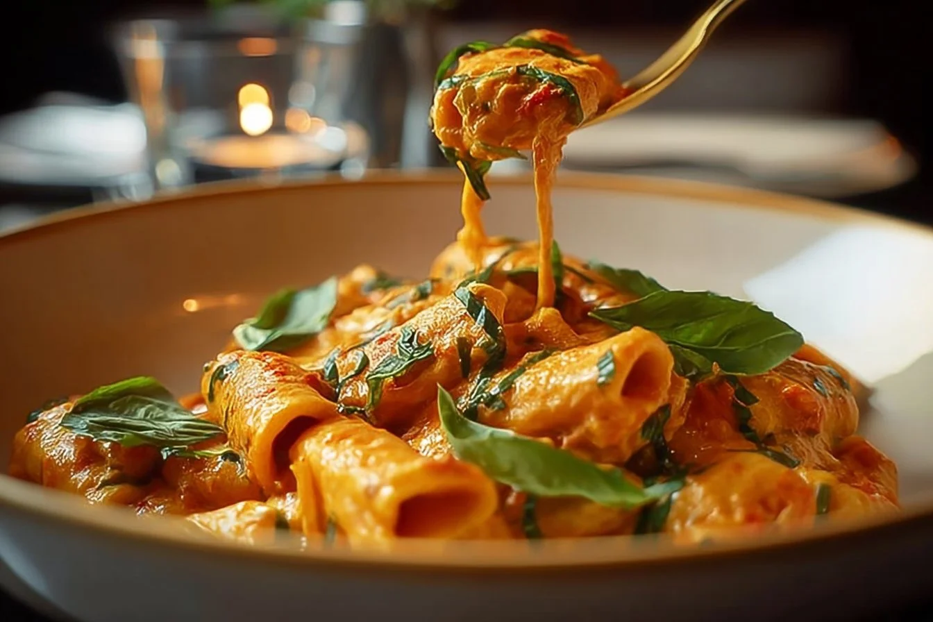 Creamy tomato garlic pasta served in a bowl with fresh basil garnish.