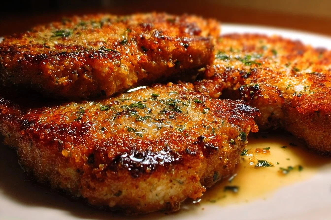 Crispy baked parmesan pork chops served on a plate with herbs.