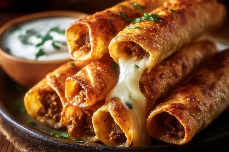 Delicious crispy cheesy beef taquitos with a side of dipping sauce.