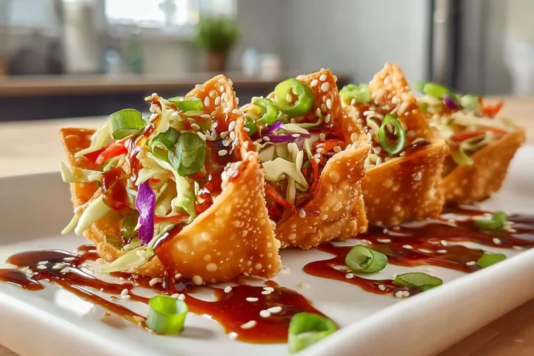Crispy Chicken Wonton Tacos garnished with fresh herbs on a plate