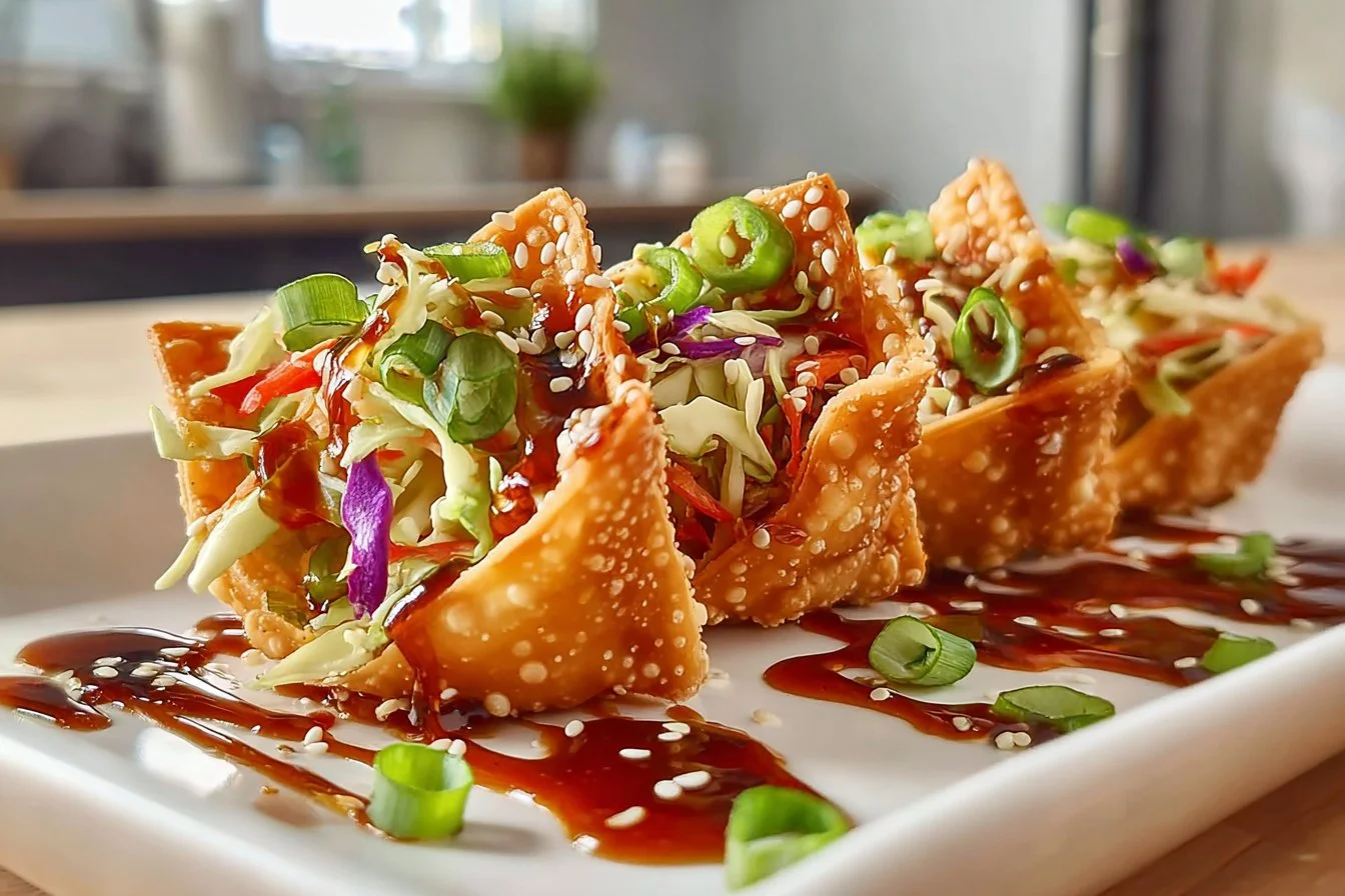 Crispy Chicken Wonton Tacos garnished with fresh herbs on a plate