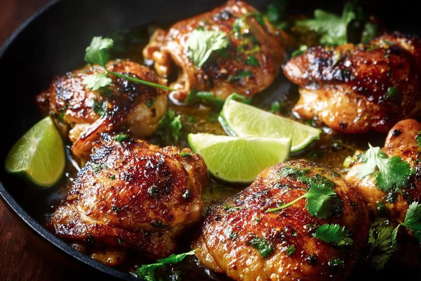 Crispy Cilantro Lime Chicken Thighs garnished with fresh cilantro and lime slices