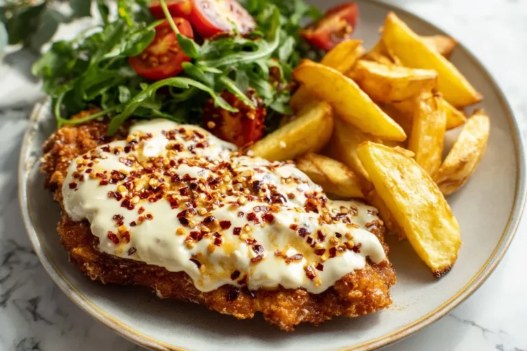 Crispy Hot Honey Feta Chicken garnished with herbs and drizzled with honey