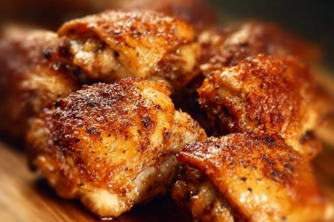 Crispy oven-fried chicken thighs served on a plate with herbs.
