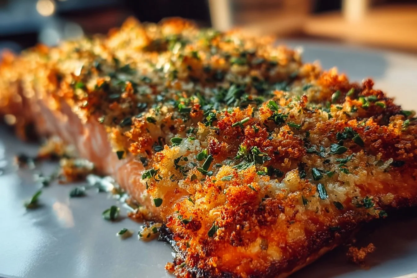Crispy Parmesan Salmon Bake served with herbs and lemon.