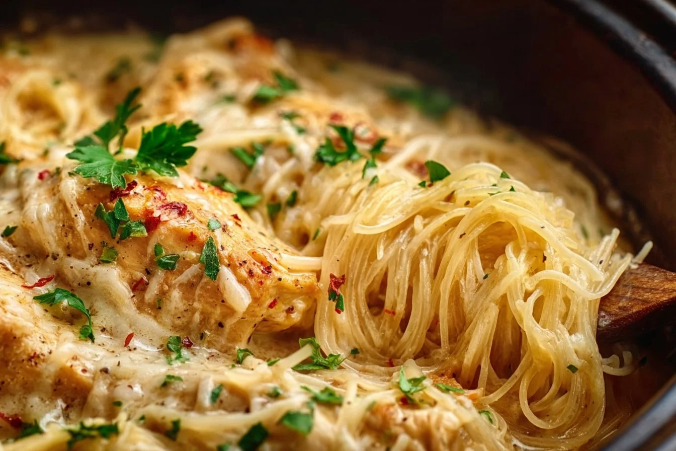 Crock Pot Angel Chicken served with creamy sauce and herbs for a flavorful meal.