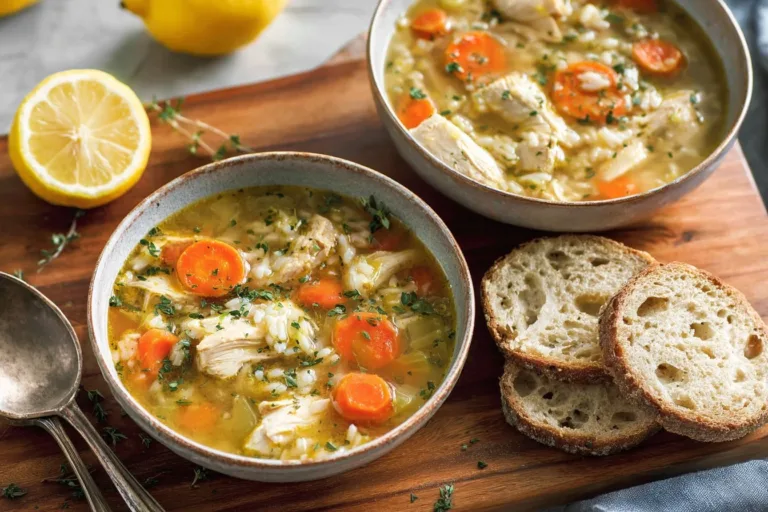 Delicious Crock Pot Chicken and Rice Soup in a bowl with herbs