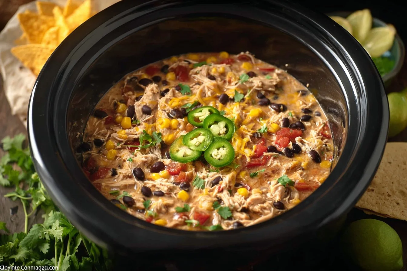 Crock Pot Fiesta Chicken served with colorful toppings