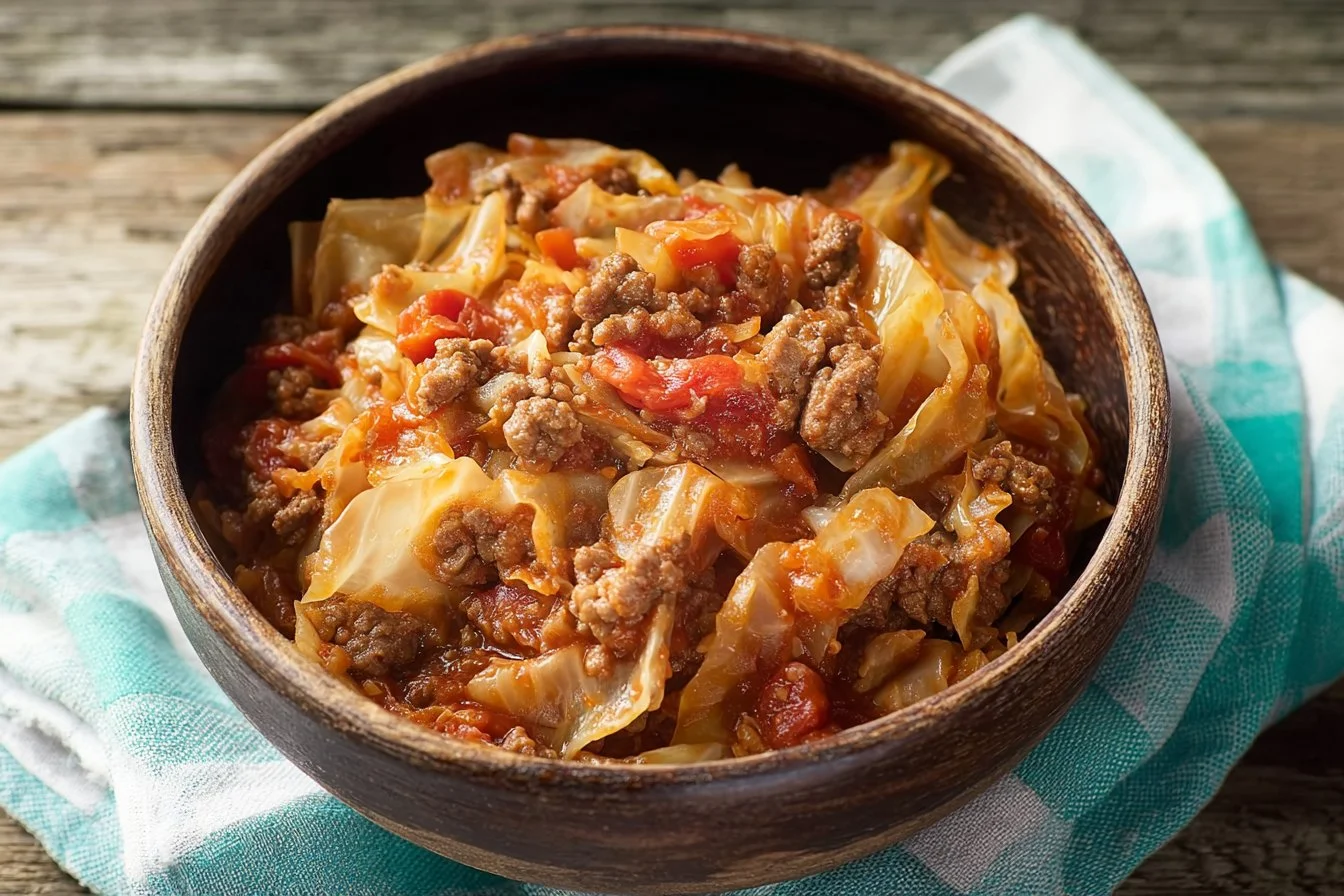 Delicious Crock Pot unstuffed cabbage dish served in a bowl.