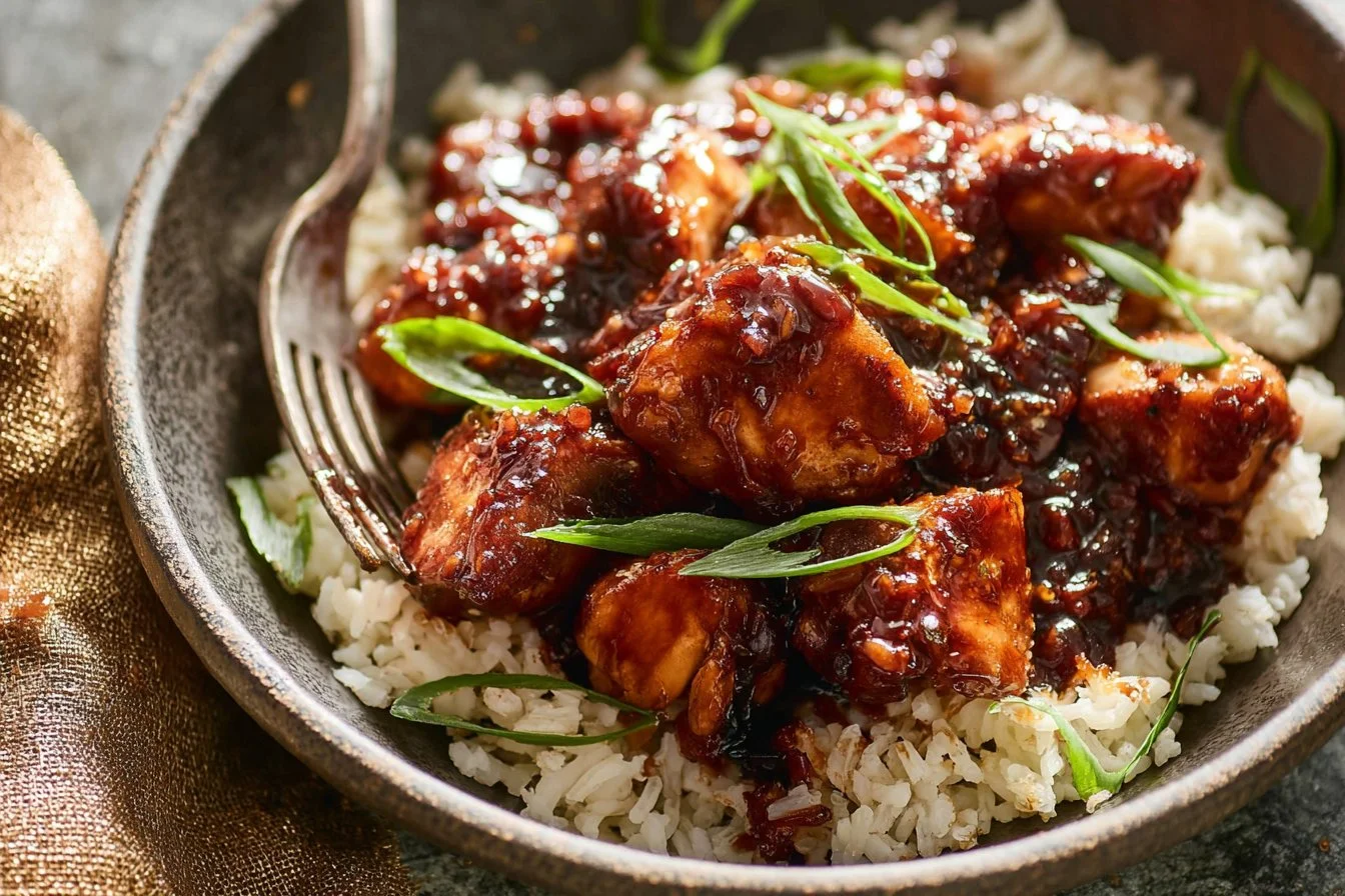 Delicious Crockpot Bourbon Chicken served in a bowl with garnish.