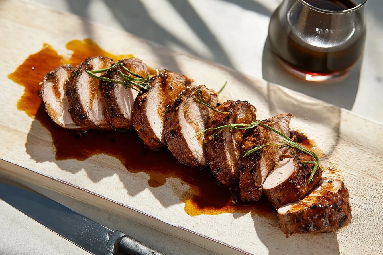 Crockpot brown sugar and balsamic glazed pork tenderloin dish served on a plate