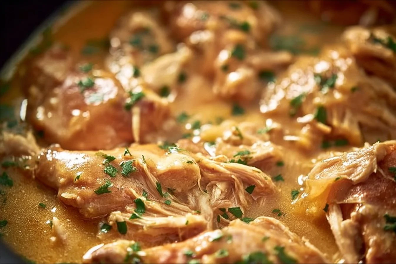 Delicious Crockpot chicken thighs served with savory gravy