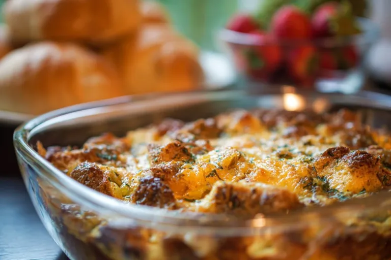 Delicious croissant breakfast casserole topped with cheese and herbs