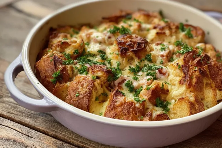 Croque Monsieur Croissant Bake with melted cheese and ham, served warm