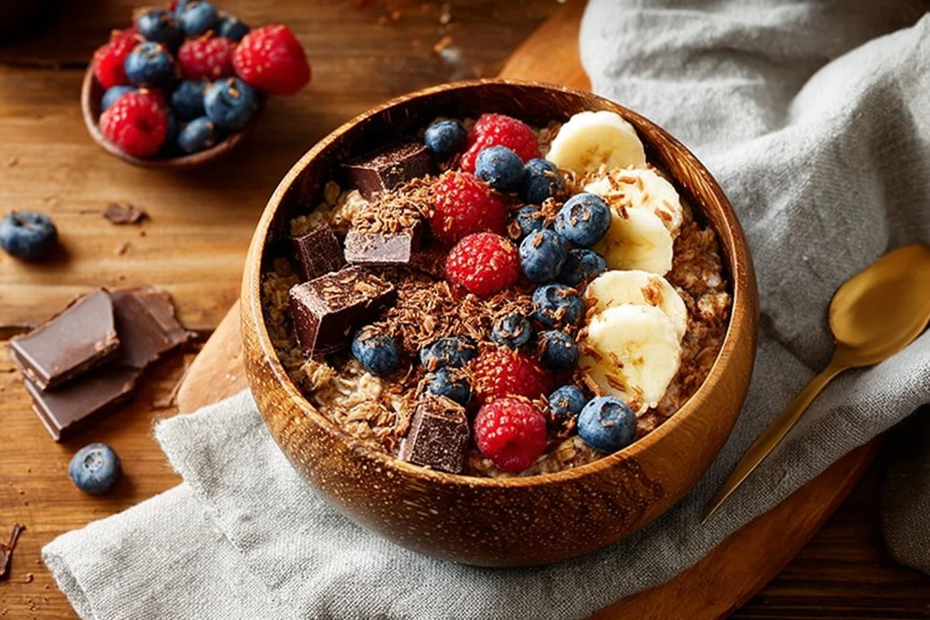 Healthy dark chocolate quinoa breakfast bowl topped with fresh berries and nuts.
