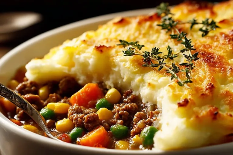 Delicious homemade Shepherd's Pie served in a rustic dish