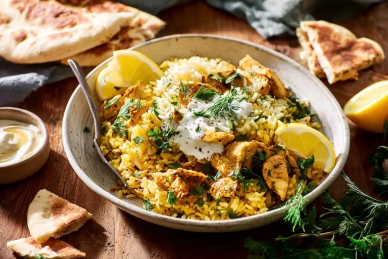 Dump-and-Bake Chicken Tzatziki with Rice – a flavorful one-pan dinner recipe.